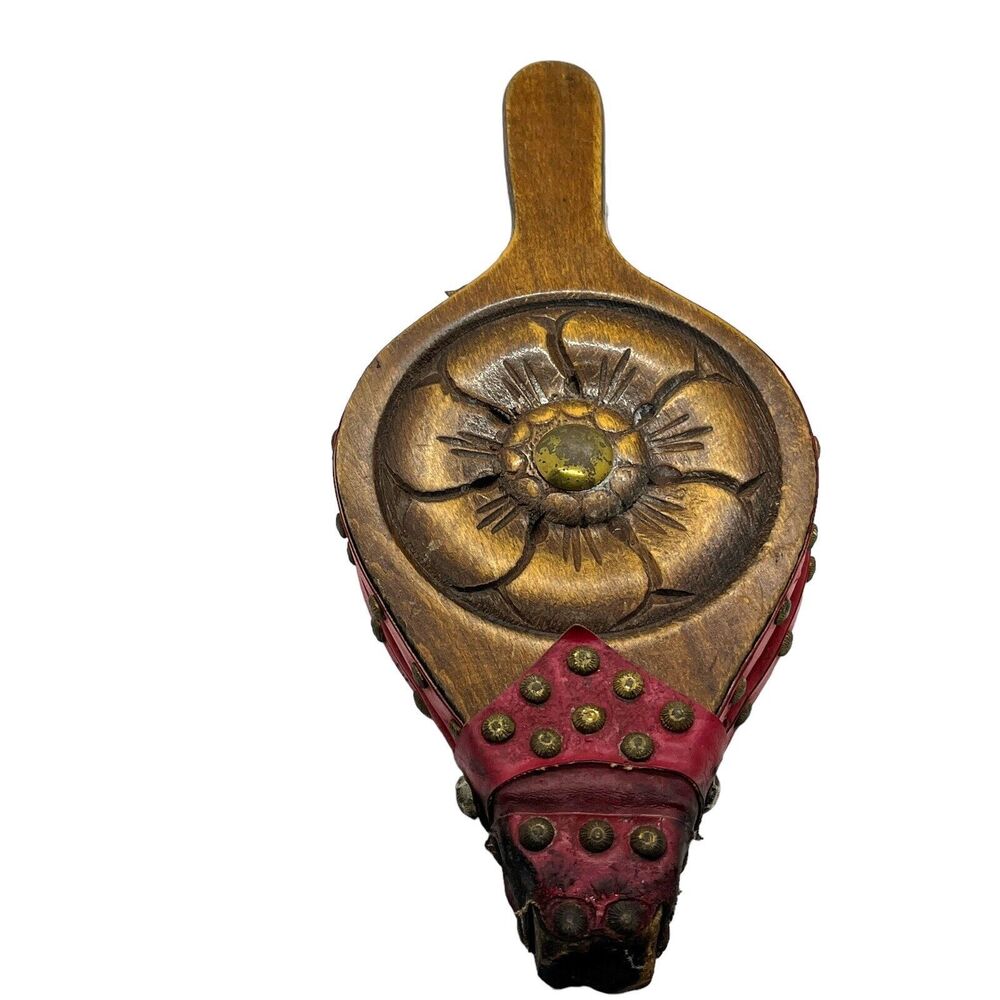 Wood Bellows for Fireplace Folk Art Carved Floral Red & Brass Trim Working Flaw